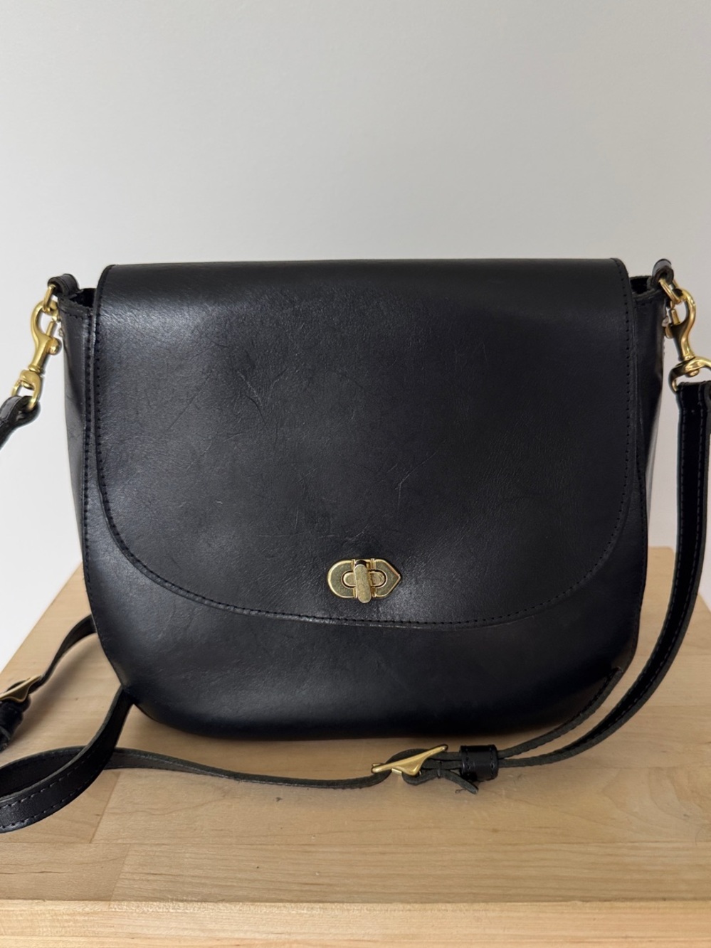 Clare V  Turnlock Louis Black Leather Crossbody with Gold Hardware.
